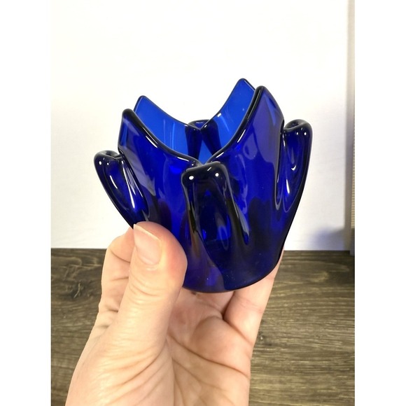 PartyLite Cobalt Blue Glass Votive Candle Holders Pair Tulip Flower Set of 2 - Picture 7 of 7